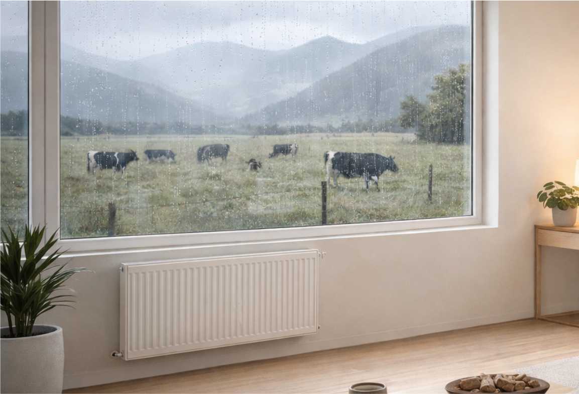 a indoor photo taken of radiator installations on a cold day in southland with cows grazing on an open field in the rain