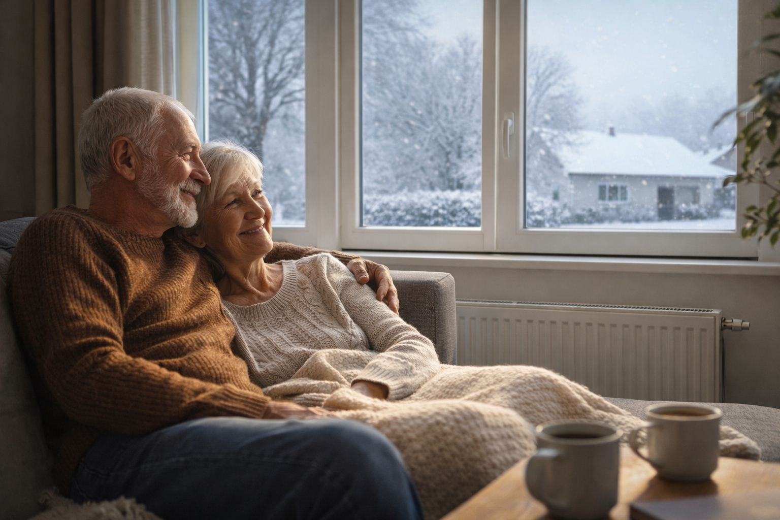 a couple enjoying the warmth of a radiator installation in Gore while it is snowing outside