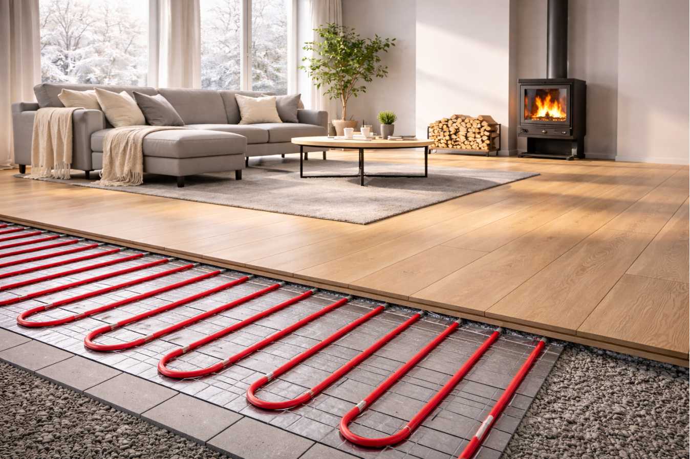 a indoor photo taken of radiator installations on a cold day in southland with cows grazing on an open field in the rain